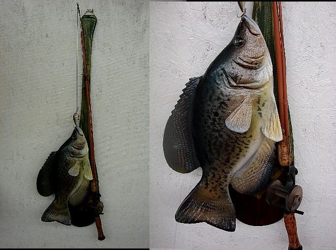 Casey Edwards Hand Carved Wood Crappie on Antique Painted Canoe Paddle  Fishing Pole