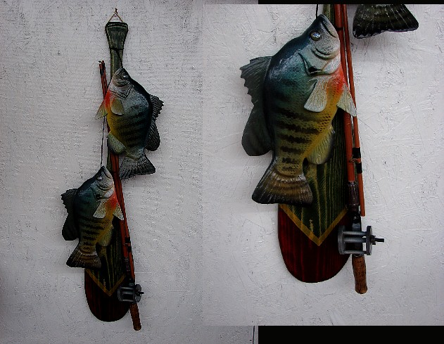 Casey Edwards Hand Carved Wood Sunfish on Antique Painted Canoe Paddle Fishing Pole, Moose-R-Us.Com Log Cabin Decor
