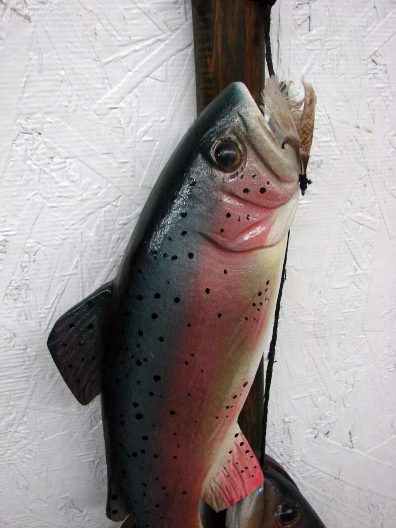 Casey Edwards Hand Wood Carved Rainbow Trout on Canoe Paddle Birch Bark Creel, Moose-R-Us.Com Log Cabin Decor