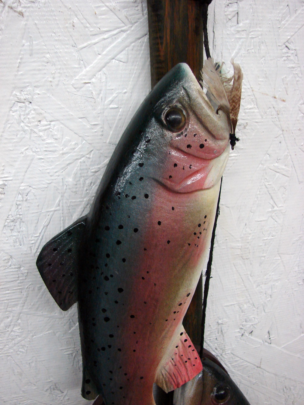 Casey Edwards Hand Wood Carved Rainbow Trout on Canoe Paddle Birch Bark  Creel