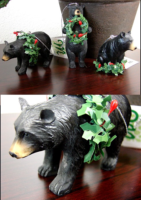 Midwest Set/3 Detailed Resin Black Bear Ornaments with Holly Wreath, Moose-R-Us.Com Log Cabin Decor