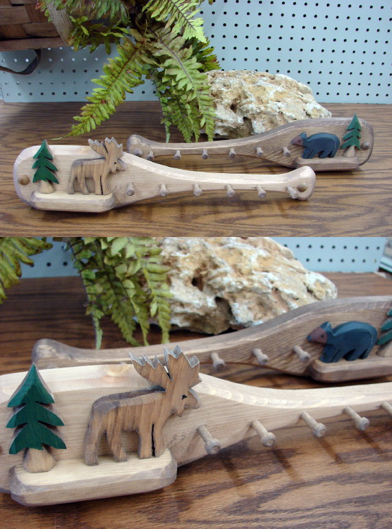 Country Pine Canoe Paddle Moose Bear Key Peg Rack, Moose-R-Us.Com Log Cabin Decor
