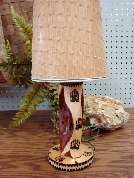 Vintage Diamond Willow Wood Burned Bear Paw Accent Lamp Shade, Moose-R-Us.Com Log Cabin Decor