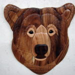 Large Solid Wood Intarsia Inlaid Grizzly Kodiak Bear Head Wall Hanging