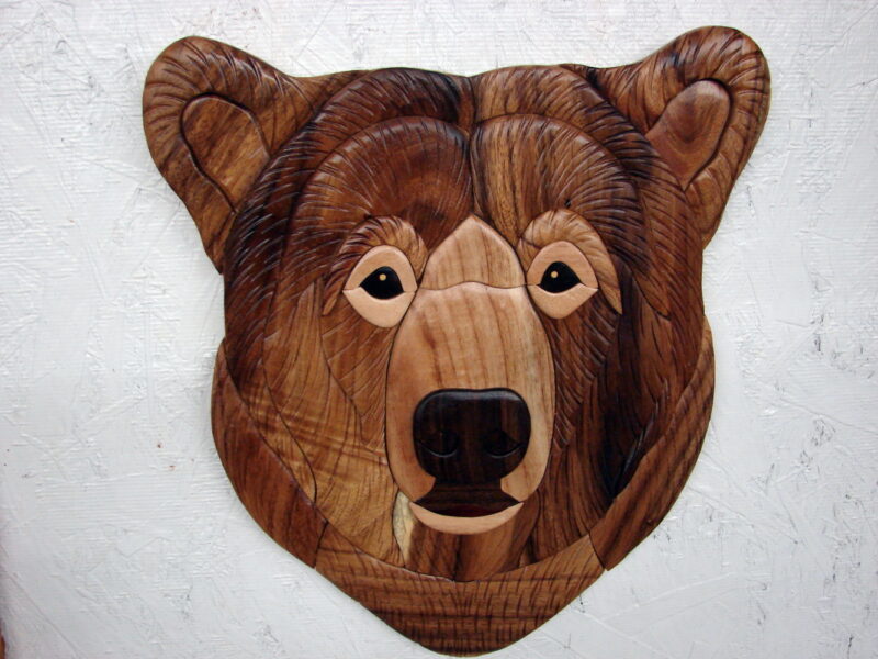 Large Solid Wood Intarsia Inlaid Grizzly Kodiak Bear Head Wall Hanging, Moose-R-Us.Com Log Cabin Decor