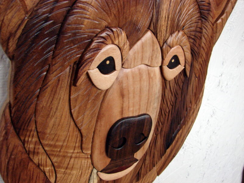 Large Solid Wood Intarsia Inlaid Grizzly Kodiak Bear Head Wall Hanging, Moose-R-Us.Com Log Cabin Decor
