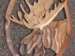 Solid Wood Intarsia Inlaid Bull Moose Head Wall Picture Wall Hanging Side in Frame
