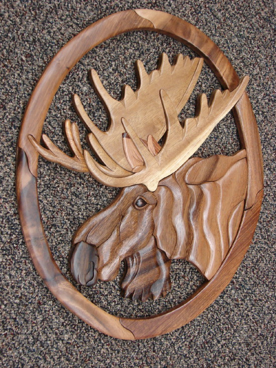 Solid Wood Intarsia Inlaid Bull Moose Head Wall Picture Wall Hanging Side in Frame, Moose-R-Us.Com Log Cabin Decor