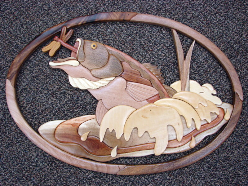 Solid Wood Intarsia Bass with Dragonfly Wall Decor Fishing Theme, Moose-R-Us.Com Log Cabin Decor