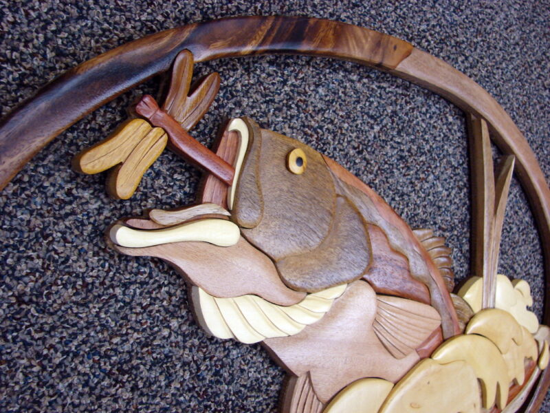 Solid Wood Intarsia Bass with Dragonfly Wall Decor Fishing Theme, Moose-R-Us.Com Log Cabin Decor