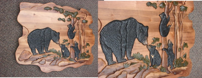 Intarsia Black Bear and Cubs in Forest Wall Picture, Moose-R-Us.Com Log Cabin Decor