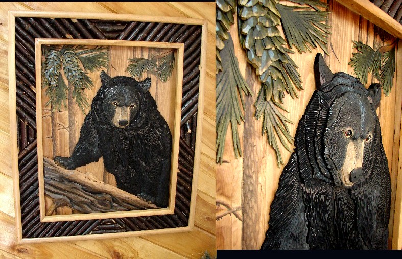 Intarsia Black Bear Pine Tree Twig Framed Picture, Moose-R-Us.Com Log Cabin Decor