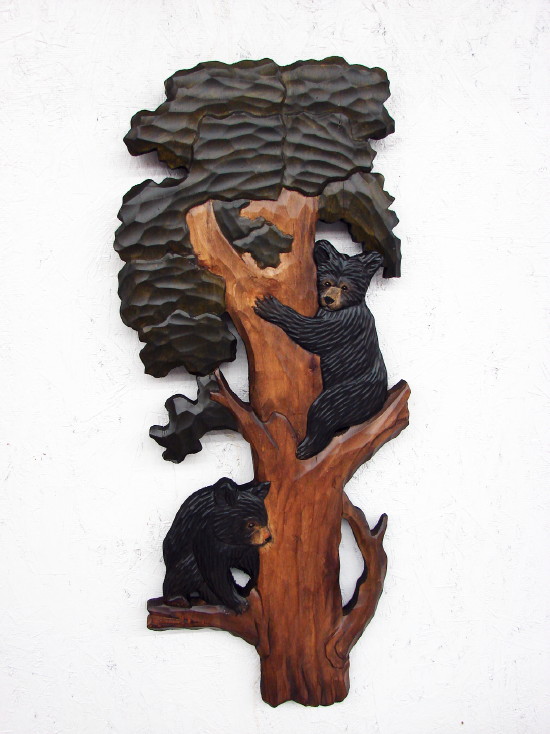 Intarsia Wood Carved Bear Cubs in Pine Tree Wall Picture, Moose-R-Us.Com Log Cabin Decor