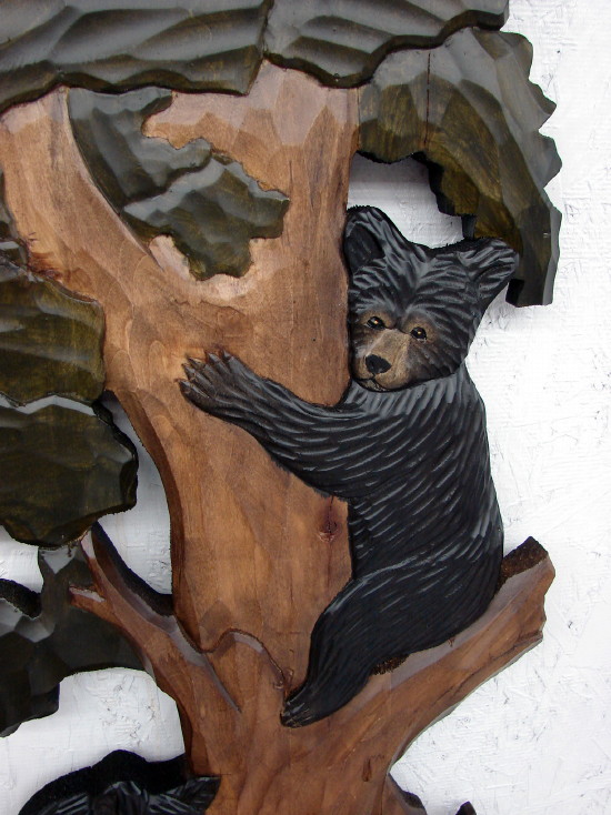 Intarsia Bear Cubs in Pine Tree Wall Picture, Moose-R-Us.Com Log Cabin Decor