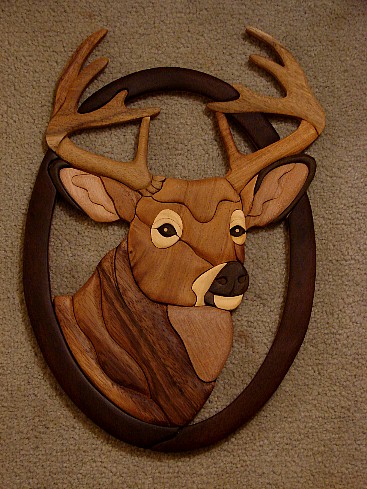 Large Solid Wood Intarsia Inlaid Wood Deer Buck Head Picture, Moose-R-Us.Com Log Cabin Decor