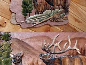 Elk Family Intarsia Wall Art Picture Solid Carved Wood