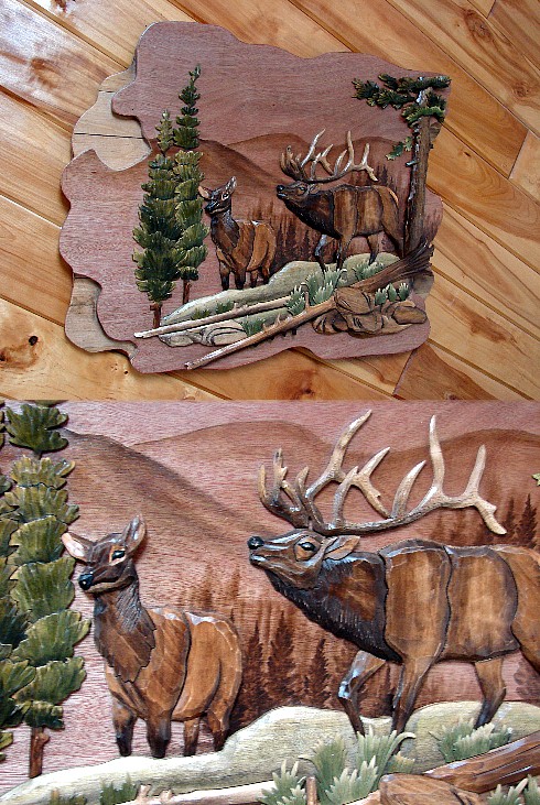 Elk Family Intarsia Wall Art Picture Solid Carved Wood, Moose-R-Us.Com Log Cabin Decor