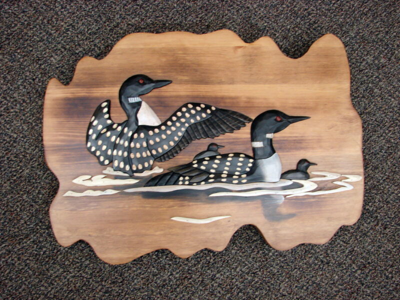 Intarsia Wood Carving Common Loon Family Wall Decor Carved Loons Picture, Moose-R-Us.Com Log Cabin Decor