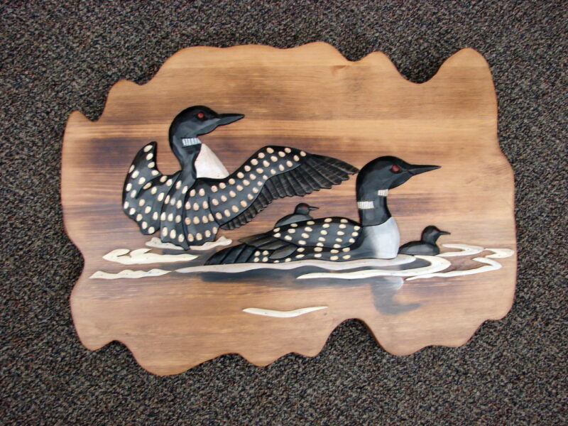 Intarsia Wood Carving 24&#8243; Common Loon Family Wall Decor Carved Loons Picture, Moose-R-Us.Com Log Cabin Decor