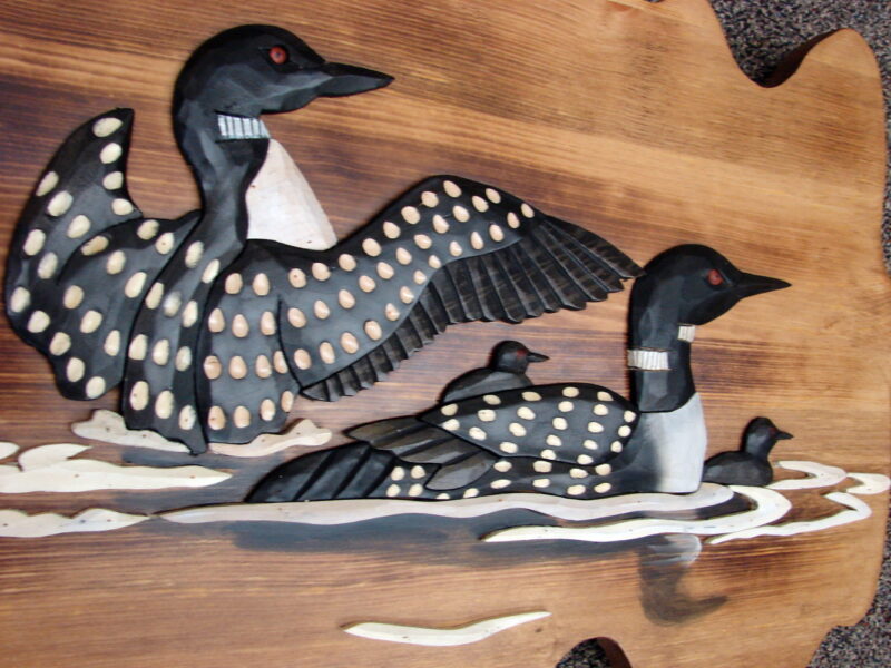 Intarsia Wood Carving Common Loon Family Wall Decor Carved Loons Picture, Moose-R-Us.Com Log Cabin Decor