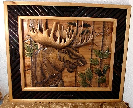 Solid Wood Intarsia Moose in Black Twig Frame, Moose-R-Us.Com Log Cabin Decor