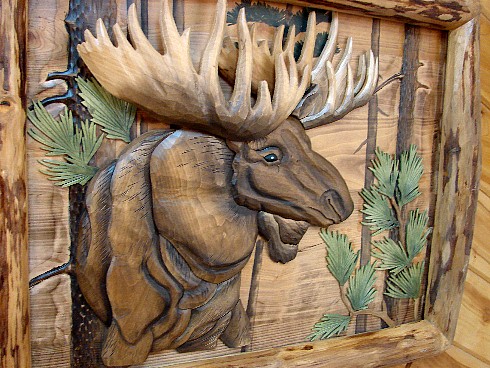 Intarsia Wood Art Bull Moose Head Log Framed Wall Decor, Moose-R-Us.Com Log Cabin Decor
