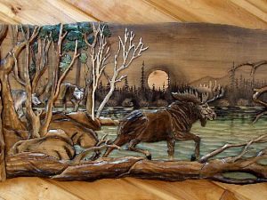Intarsia Wood Carving 26-36&#8243; Art Walking Moose in Solid Log Frame, Moose-R-Us.Com Log Cabin Decor