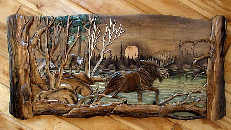 Intarsia Wood Art Bull Moose Wolves Lake Large Log Framed Wall Decor, Moose-R-Us.Com Log Cabin Decor