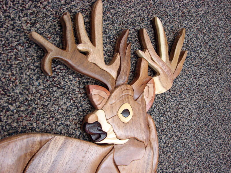 Large Solid Wood Intarsia Inlaid Wood Deer Standing Buck Picture, Moose-R-Us.Com Log Cabin Decor