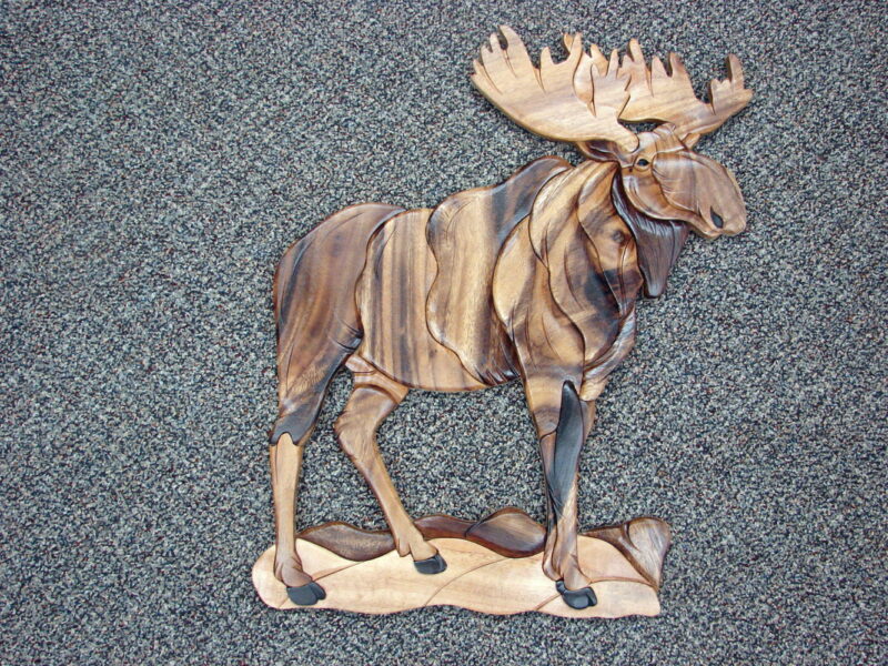 Large Solid Wood Intarsia Inlaid Moose Wall Picture Wall Hanging No Frame, Moose-R-Us.Com Log Cabin Decor