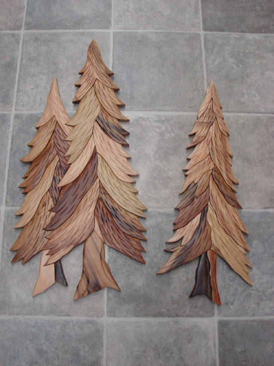 Solid Wood Intarsia Wall Pine Tree Lodge Decor 