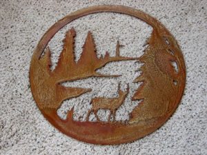 Large Rusty Iron Bear Moose Scene Circle Wall Hanger