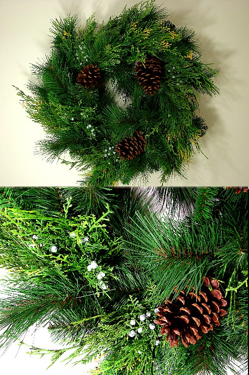 Realistic Juniper Cedar Pine Wreath Pinecones, Moose-R-Us.Com Log Cabin Decor