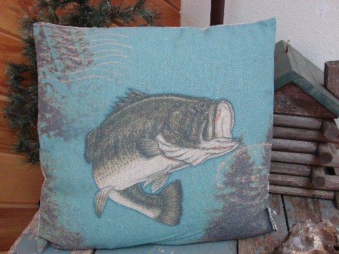 Retro Cotton Grain Sack Bass Trout Salmon Fishing Throw Pillow, Moose-R-Us.Com Log Cabin Decor