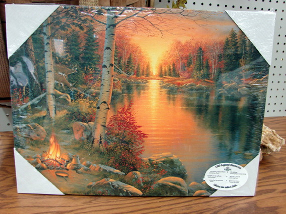 Gallery Wrapped Canvas LED Artwork Sunset Lake Campfire Derk Hansen, Moose-R-Us.Com Log Cabin Decor
