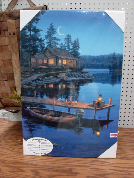 Gallery Wrapped Canvas LED Art Log Cabin Crescent Bay Moon Darrell Bush, Moose-R-Us.Com Log Cabin Decor