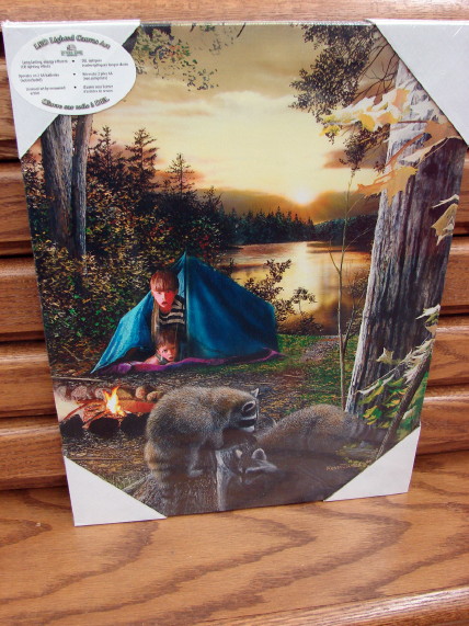 Gallery Wrapped LED Canvas Camping Tent Raccoon Wall Picture, Moose-R-Us.Com Log Cabin Decor