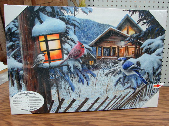 Gallery Wrapped Canvas LED Art Backyard Bird Winter Cabin Birds Kevin Daniel, Moose-R-Us.Com Log Cabin Decor