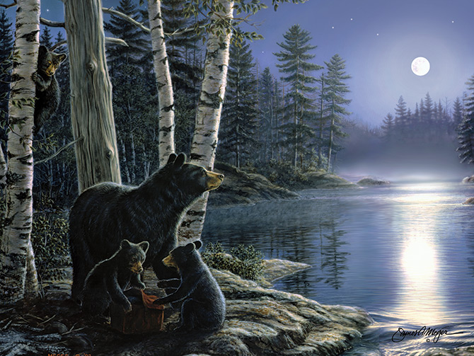 Gallery Wrapped Canvas LED Artwork Moonlight Black Bears James Meger, Moose-R-Us.Com Log Cabin Decor