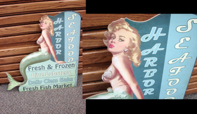 Large Seafood Advertising Beach Themed Mermaid Sign Standup, Moose-R-Us.Com Log Cabin Decor