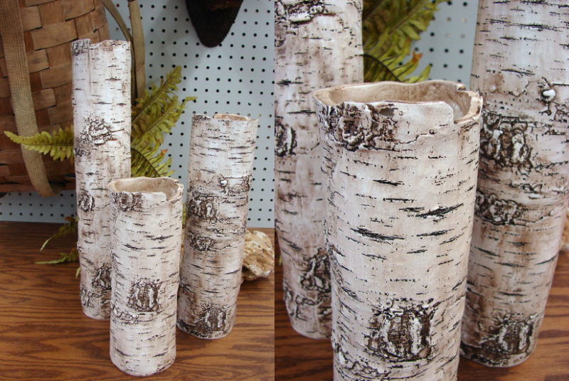 Large Realistic Resin Birch Bark Tube Vase Set/3, Moose-R-Us.Com Log Cabin Decor