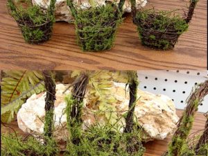 Set/3 Miniature Twig Moss Baskets Rustic Wedding Table Centerpiece
