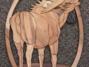 Large Solid Wood Intarsia Inlaid Moose Wall Picture Wall Hanging in Oval Frame