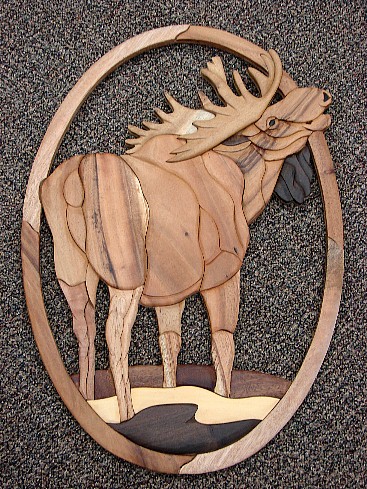 Large Solid Wood Intarsia Inlaid Moose Wall Picture Wall Hanging in Oval Frame, Moose-R-Us.Com Log Cabin Decor