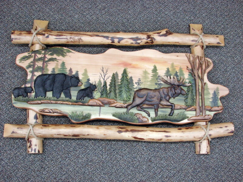 Moose and Bear Forest Intarsia Natural Wood Wall Art Picture, Moose-R-Us.Com Log Cabin Decor