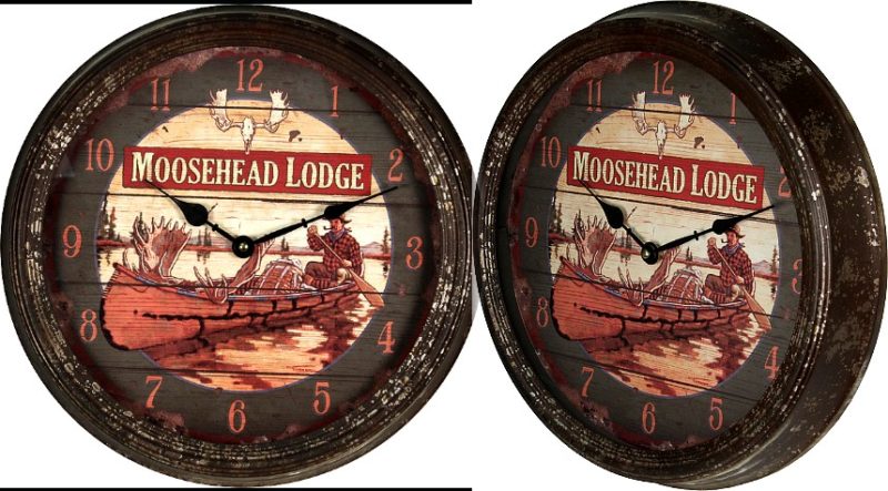 Rustic Oversized Tin Wall Clock Moosehead Lodge Moose Canoe, Moose-R-Us.Com Log Cabin Decor