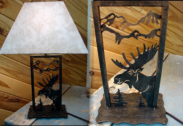 Iron Moose Head Silhouette Table Lamp with Shade, Moose-R-Us.Com Log Cabin Decor