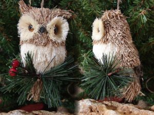 Bottlebrush Natural Owl Ornament Feathers Pine Bough