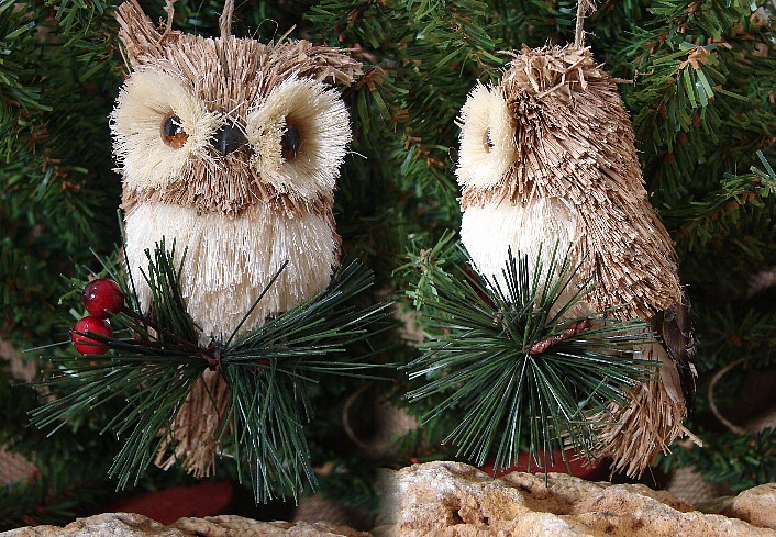 Bottlebrush Natural Owl Ornament Feathers Pine Bough, Moose-R-Us.Com Log Cabin Decor