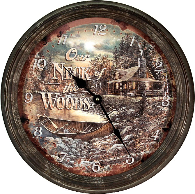 Rustic Tin Oversized Our Neck of the Woods Wall Clock Lodge Theme Decor, Moose-R-Us.Com Log Cabin Decor